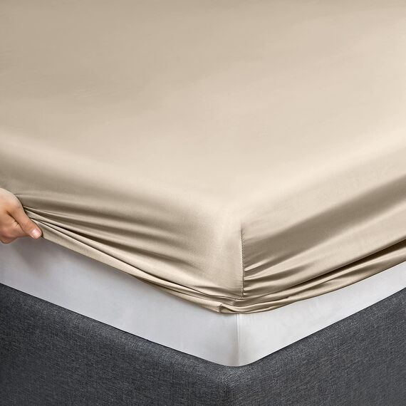 Vonty Satin-Bettlaken, Split-Kingsize-Bett, seidig, weiches Satin-Bettwäsche-Set, 2 tiefe Spannbettlaken + 1 Bettlaken + 2 Kissenbezüge, Taupe