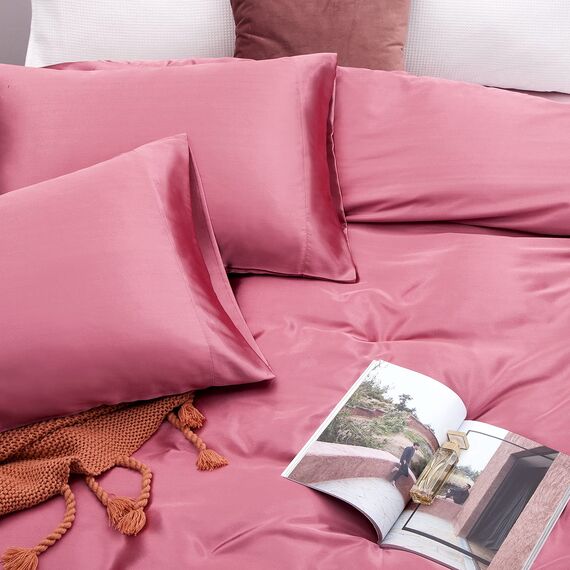 Vonty Satin-Bettlaken-Set für King-Size-Bett, seidig weiches Satin-Bettwäsche-Set, 1 Spannbettlaken mit tiefen Taschen + 1 Bettlaken + 2 Kissenbezüge, Hellweinrot