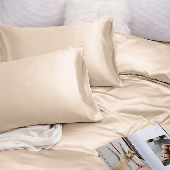 Vonty Bettwäsche-Set aus Satin, weich, seidig, 1 Spannbettlaken mit tiefer Spitze, 1 Bettlaken und 2 Kissenbezüge, beige, Kingsize-Größe