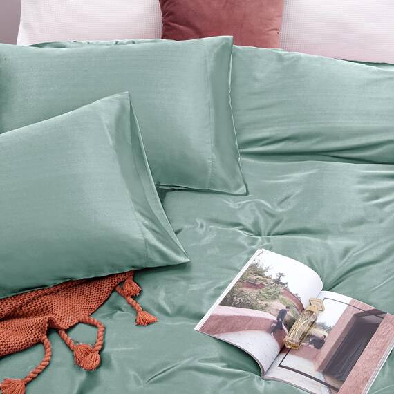Vonty Satin-Bettlaken-Set, für Doppelbett, Mintgrün, 1 Spannbettlaken mit tiefen Taschen + 1 Bettlaken + 2 Kissenbezüge