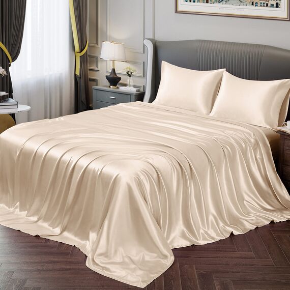 Vonty Bettwäsche-Set aus Satin, weich, seidig, 1 Spannbettlaken mit tiefer Spitze, 1 Bettlaken und 2 Kissenbezüge, beige, Kingsize-Größe