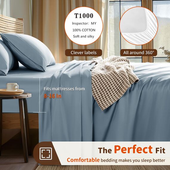 LBRO2M Bettwäsche-Set für Doppelbett, Fadenzahl 1000, 100 % ägyptische Baumwolle, 3-teiliges Bettlaken-Set, tiefes Bettlaken-Set, 40,6 cm, weich, bequem, für alle Jahreszeiten (Doppelbett