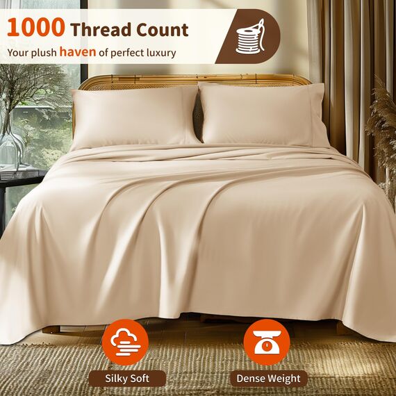 LBRO2M Bettwäsche-Set für Doppelbett, Fadenzahl 1000, 100 % ägyptische Baumwolle, 3-teiliges Bettlaken-Set, tiefes Bettlaken-Set, 40,6 cm, weich, bequem, für alle Jahreszeiten (Doppelbett, cremefarben