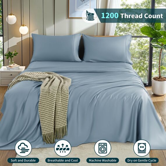 LBRO2M Bettwäsche-Set für King-Size-Bett, 100 % Baumwolle, Fadenzahl 1200, 40,6 cm tiefe Tasche, 4-teiliges Set, Kingsize-Bett, Französisch-Blau