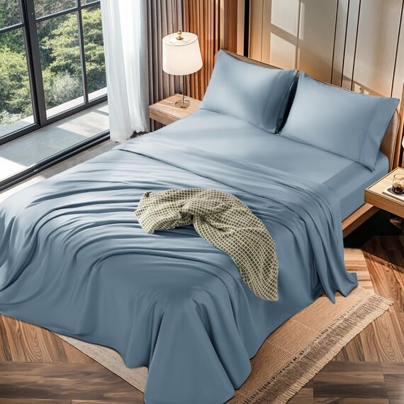 LBRO2M Bettwäsche-Set für King-Size-Bett, 100 % Baumwolle, Fadenzahl 1200, 40,6 cm tiefe Tasche, 4-teiliges Set, Kingsize-Bett, Französisch-Blau