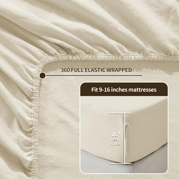 LBRO2M Bettlaken-Set, 100% Leinen, 40,6 cm tief, für King-Size-Bett, einfarbig, natürliches Flachs, weich, atmungsaktiv, für alle Jahreszeiten, Kingsize, Beige