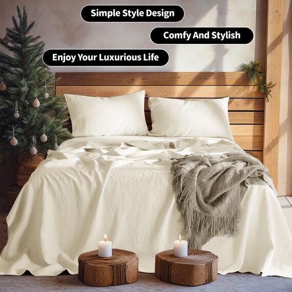 LBRO2M Bettlaken-Set, 100% Leinen, 40,6 cm tief, für King-Size-Bett, einfarbig, natürliches Flachs, weich, atmungsaktiv, für alle Jahreszeiten, Kingsize, Beige