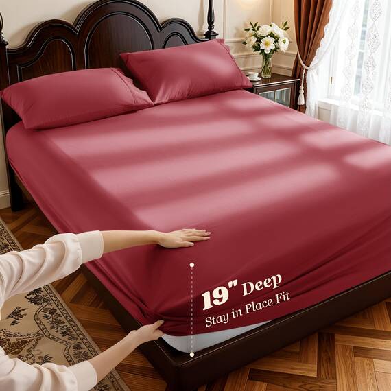 LBRO2M Bettwäsche-Set, 100 % Baumwolle, tiefe Taschen, 48,3 cm, Fadenzahl 1000, California-King-Size-Bett, weich, bequem, für alle Jahreszeiten (California King, Burgunderrot)