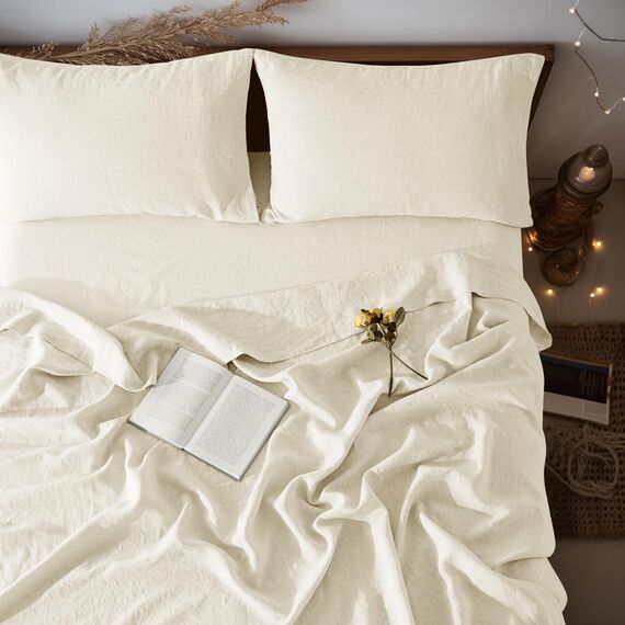 LBRO2M Bettlaken-Set, 100% Leinen, 40,6 cm tief, für King-Size-Bett, einfarbig, natürliches Flachs, weich, atmungsaktiv, für alle Jahreszeiten, Kingsize, Beige