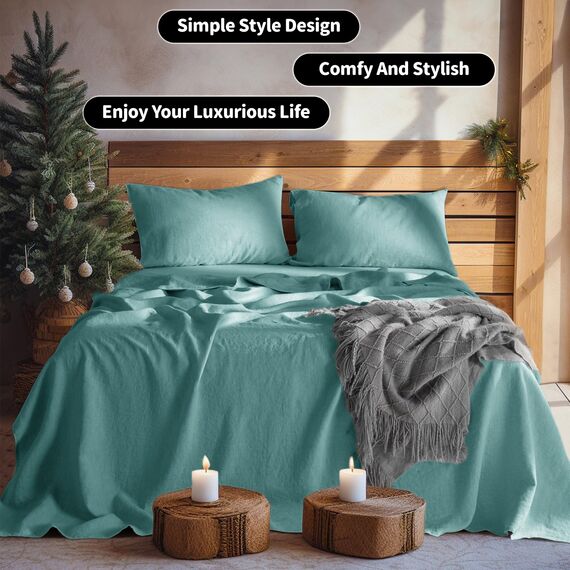 LBR02M Bettlaken-Set aus 100 % Leinen, California-King-Size-Bett, 4-teilig, einfarbig, natürliches Flachs, weich, atmungsaktiv, 40,6 cm tiefe Tasche, für alle Jahreszeiten (Clifornia Kingsize, Aqua)