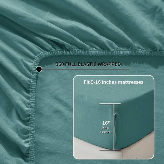 LBR02M Bettlaken-Set für Doppelbett, 3-teilig, einfarbig, natürliches Flachs, weich, atmungsaktiv, 40,6 cm tiefe Tasche, für alle Jahreszeiten (Doppelbett, Aqua)