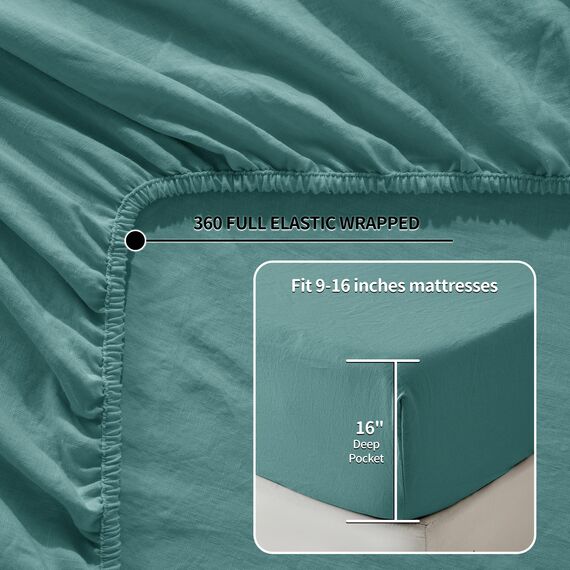 LBRO2M Bettlaken-Set aus 100 % reinem Leinen, tiefe Taschen bis zu 40,6 cm, natürliches Flachs, weich, atmungsaktiv, bequem für alle Jahreszeiten, 4-teiliges Bettlaken-Set, King-Size-Größe, Aqua