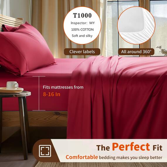 LBRO2M Bettwäsche-Set für Doppelbett, Fadenzahl 1000, 100 % ägyptische Baumwolle, 3-teiliges Bettlaken-Set, tiefe Taschen, 40,6 cm, weich, bequem, für alle Jahreszeiten (Doppelbett, Burgunderrot)