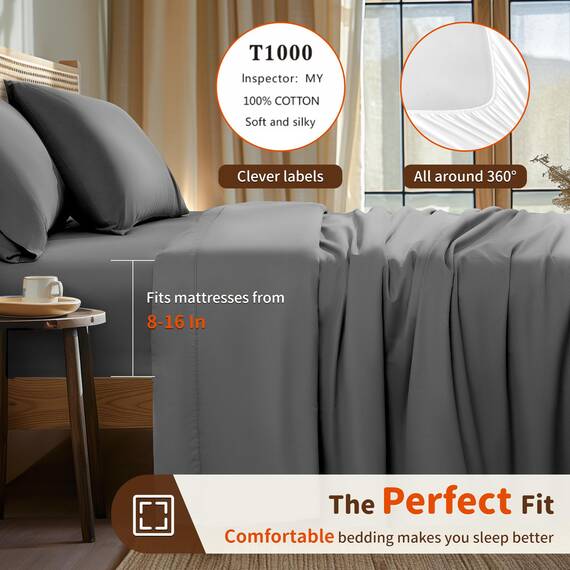LBRO2M Bettwäsche-Set für Doppelbett, Fadenzahl 1000, 100 % ägyptische Baumwolle, 3-teiliges Bettlaken-Set, tiefes Bettlaken-Set, 40,6 cm, weich, bequem, für alle Jahreszeiten (Doppelbett, Dunkelgrau)