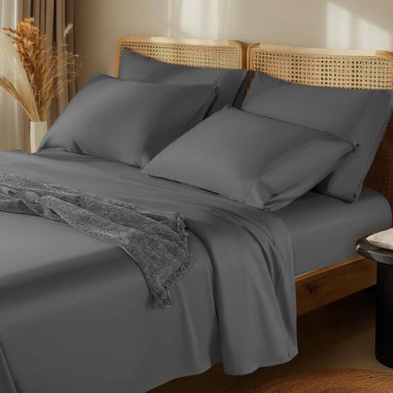 LBRO2M Bettlaken-Set aus 100 % ägyptischer Baumwolle, Fadenzahl 1000, 6-teiliges Set, Kingsize-Bettlaken, tiefes Bettlaken-Set, 40,6 cm, weich, bequem, für alle Jahreszeiten, Kingsize, Dunkelgrau