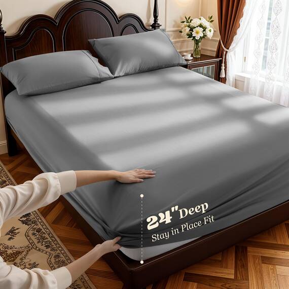 LBRO2M Bettwäsche-Set, 100 % Baumwolle, tiefe Taschen, 61 cm, Fadenzahl 1000, Queen-Size-Größe, 4-teiliges Bettlaken-Set, weich, bequem, für alle Jahreszeiten (Queen, Dunkelgrau)