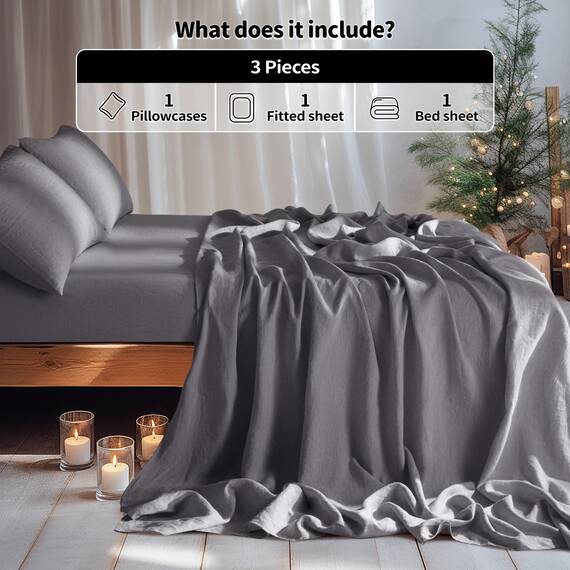 LBR02M Bettlaken-Set für Doppelbett, XL, 3-teilig, einfarbig, natürliches Flachs, weich, atmungsaktiv, 40,6 cm tiefe Tasche, für alle Jahreszeiten (Twin XL, Dunkelgrau)