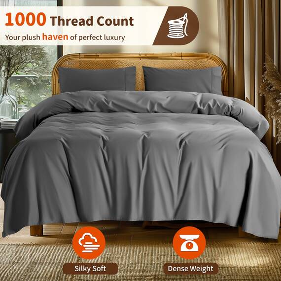 LBRO2M Bettwäsche-Set für Doppelbett, Fadenzahl 1000, 100 % ägyptische Baumwolle, 3-teiliges Bettlaken-Set, tiefes Bettlaken-Set, 40,6 cm, weich, bequem, für alle Jahreszeiten (Doppelbett, Dunkelgrau)