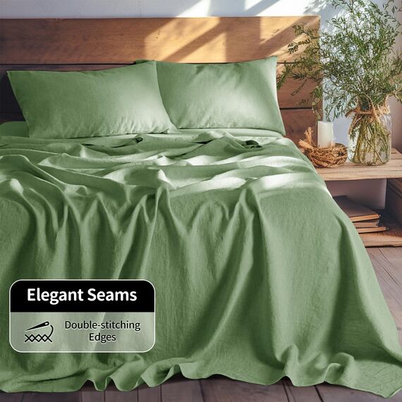 LBR02M Bettlaken-Set für Doppelbett, 3-teilig, einfarbig, natürliches Flachs, weich, atmungsaktiv, 40,6 cm tiefe Tasche, für alle Jahreszeiten (Doppelbett, Grün)