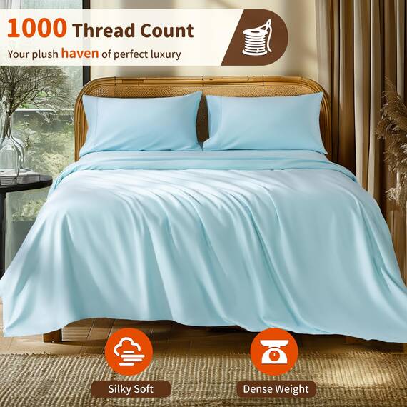 LBRO2M Bettlaken-Set für Doppelbett, Fadenzahl 1000, 100 % ägyptische Baumwolle, 3-teiliges Bettlaken-Set, tiefe Taschen, 40,6 cm, weich, bequem, für alle Jahreszeiten (Doppelbett, Hellblau)