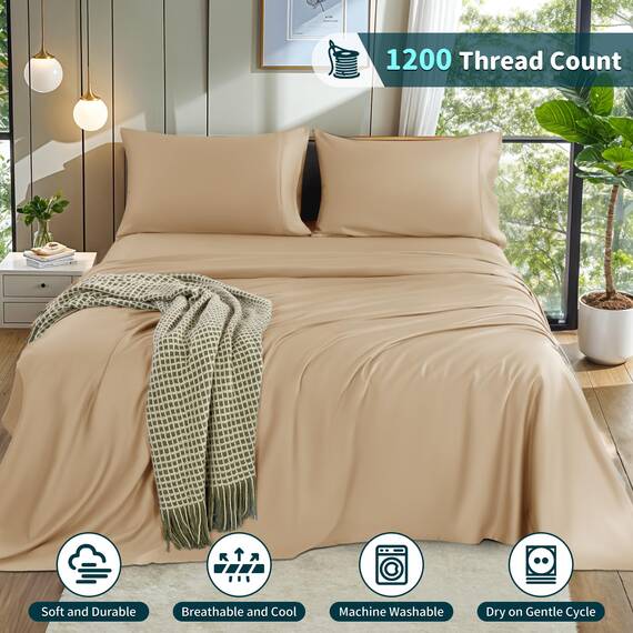 LBRO2M Bettwäsche-Set für Queen-Size-Betten, 100 % Baumwolle, Fadenzahl 1200, 40,6 cm tiefe Tasche, 4-teiliges Set (Queen, Cremefarben)