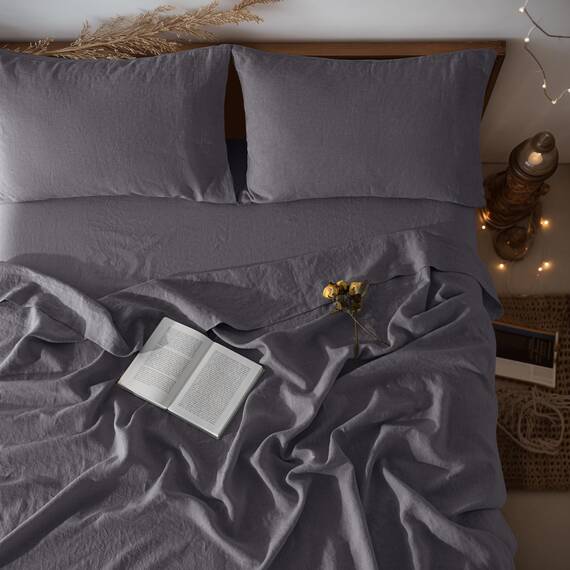 LBR02M Bettlaken-Set, 100 % Leinen, 48,3 cm tief, für King-Size-Bett, einfarbig, natürliches Flachs, weich, atmungsaktiv, für alle Jahreszeiten, Kingsize, Dunkelgrau
