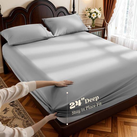 LBRO2M Bettwäsche-Set, 100 % Baumwolle, tiefe Taschen, 61 cm, Fadenzahl 1000, California-King-Size-Bett, 4-teiliges Bettlaken-Set, weich, bequem, für alle Jahreszeiten (California King, Grau)