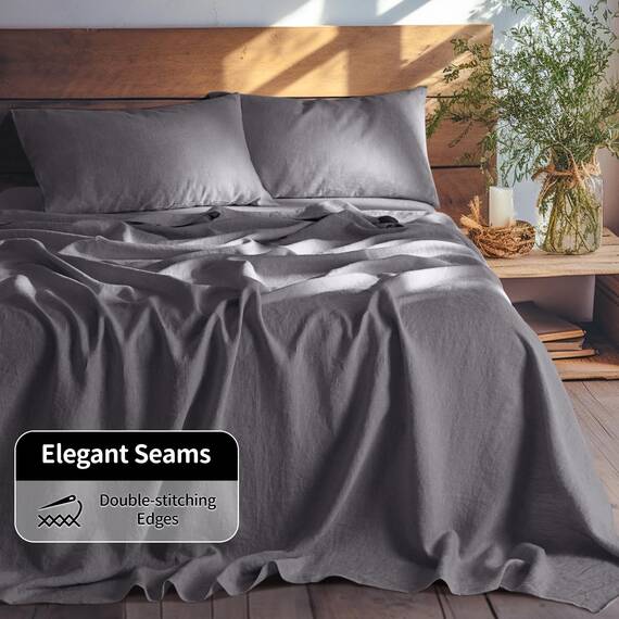 LBR02M Bettlaken-Set, 100 % Leinen, 48,3 cm tief, für King-Size-Bett, einfarbig, natürliches Flachs, weich, atmungsaktiv, für alle Jahreszeiten, Kingsize, Dunkelgrau