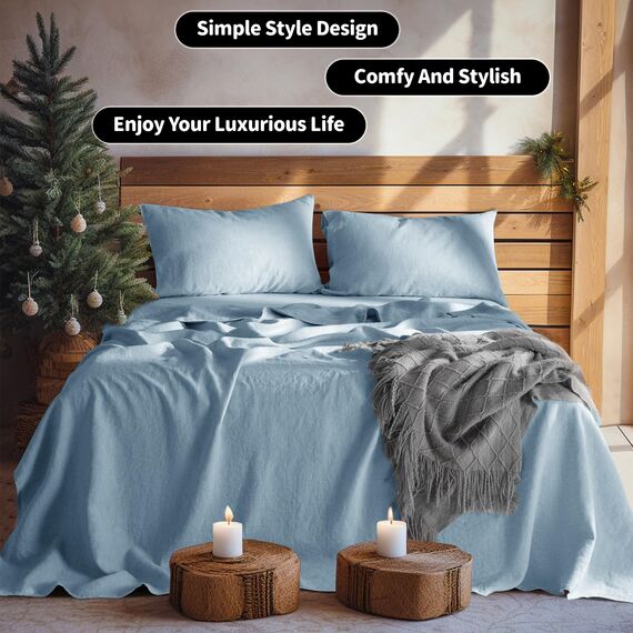 LBR02M Bettlaken-Set für Doppelbett, 3-teilig, einfarbig, natürliches Flachs, weich, atmungsaktiv, 40,6 cm tiefe Tasche, für alle Jahreszeiten (Doppelbett, Staubblau)