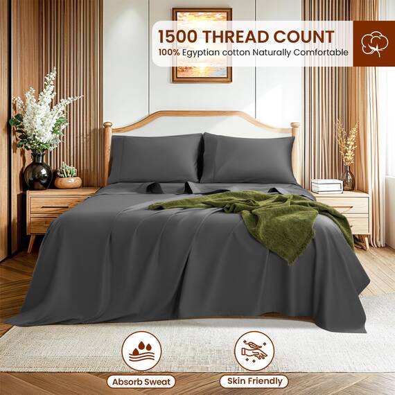 LBRO2M Bettlaken-Set aus 100 % ägyptischer Baumwolle, Fadenzahl 1500, Queen-Size-Bettlaken, 40,6 cm tiefe Taschen-Bettwäsche, 4-teiliges Set (Queen, Dunkelgrau)
