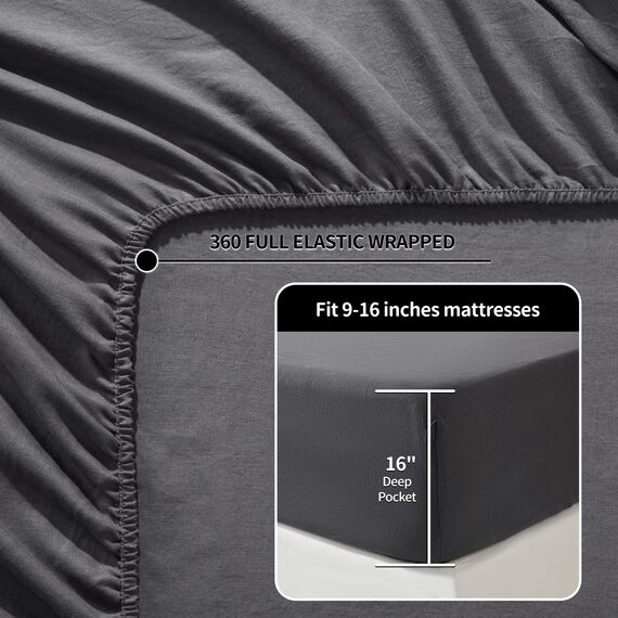 LBRO2M Bettlaken-Set, 100 % Leinen, Queen-Size-Größe, 6-teilig, einfarbig, natürliches Flachs, weich, atmungsaktiv, 40,6 cm tiefe Tasche, für alle Jahreszeiten (Queen-Size-Bett, Dunkelgrau)