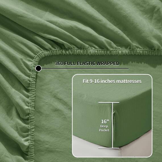 LBRO2M Bettlaken-Set aus 100 % reinem Leinen, tiefe Taschen bis zu 40,6 cm, natürliches Flachs, weich, atmungsaktiv, bequem für alle Jahreszeiten, 4-teiliges Bettlaken-Set, King-Size-Größe, Grün