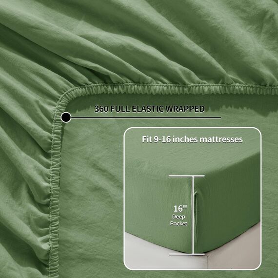 LBR02M Bettlaken-Set für Doppelbett, 3-teilig, einfarbig, natürliches Flachs, weich, atmungsaktiv, 40,6 cm tiefe Tasche, für alle Jahreszeiten (Doppelbett, Grün)