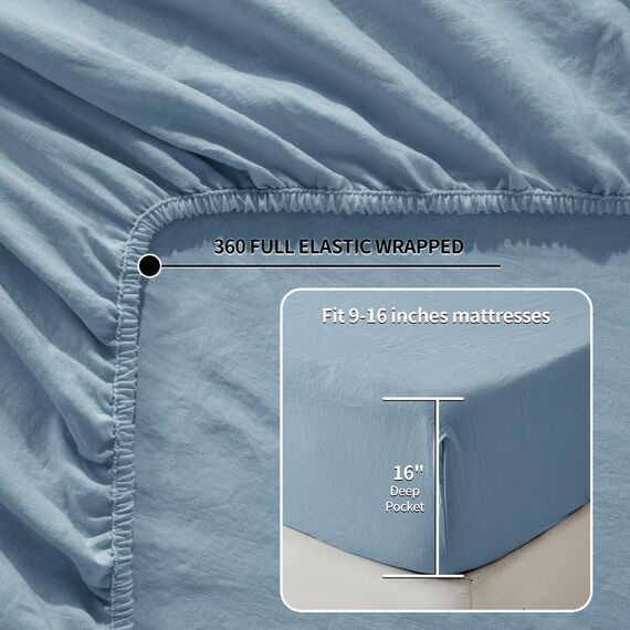 LBR02M Bettlaken-Set für Doppelbett, 3-teilig, einfarbig, natürliches Flachs, weich, atmungsaktiv, 40,6 cm tiefe Tasche, für alle Jahreszeiten (Doppelbett, Staubblau)