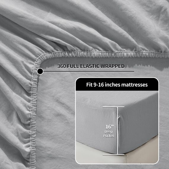 LBR02M Bettlaken-Set aus 100 % Leinen, California-King-Size-Bettlaken, 6-teilig, einfarbig, natürliches Flachs, weich, atmungsaktiv, 40,6 cm tiefe Tasche, für alle Jahreszeiten (Cal Kingsize, Grau)