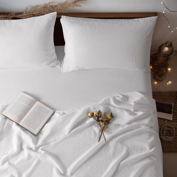 LBR02M Bettlaken-Set für Doppelbett, 3-teilig, einfarbig, natürliches Flachs, weich, atmungsaktiv, 40,6 cm tiefe Tasche, für alle Jahreszeiten (Doppelbett, Weiß)