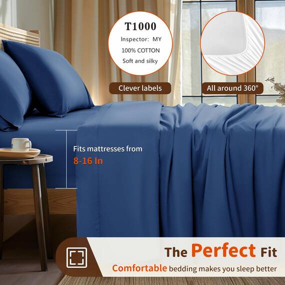 LBRO2M Bettwäsche-Set für Doppelbett, Fadenzahl 1000, 100 % ägyptische Baumwolle, 3-teiliges Bettlaken-Set, tiefe Taschen, 40,6 cm, weich, bequem, für alle Jahreszeiten (Doppelbett, Marineblau)