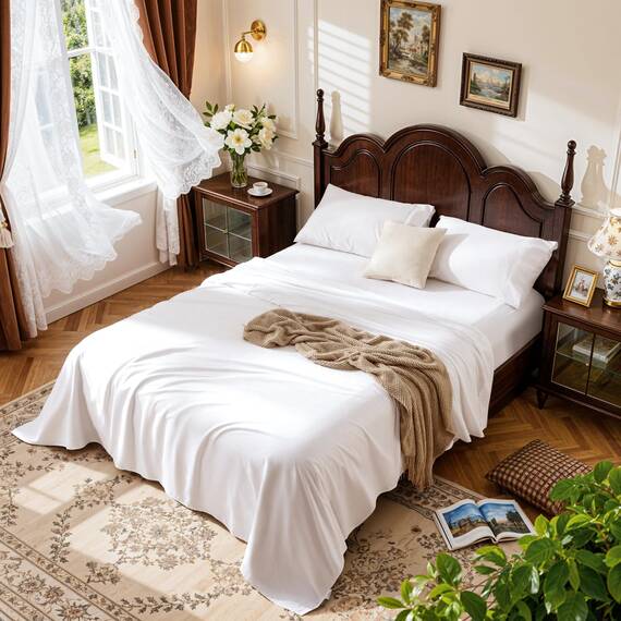 LBRO2M Bettwäsche-Set, 100 % Baumwolle, tiefe Taschen, 61 cm, Fadenzahl 1000, volle Größe, 4-teiliges Bettlaken-Set, weich, bequem, für alle Jahreszeiten (voll, weiß)