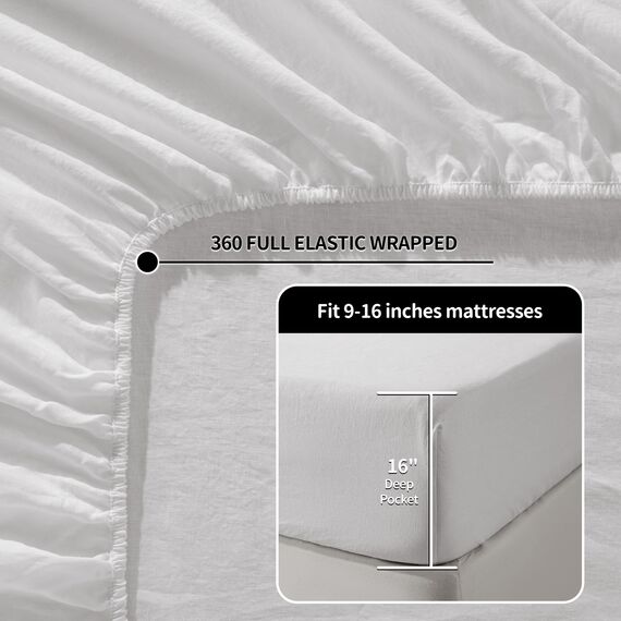 LBR02M Bettlaken-Set für Doppelbett, 3-teilig, einfarbig, natürliches Flachs, weich, atmungsaktiv, 40,6 cm tiefe Tasche, für alle Jahreszeiten (Doppelbett, Weiß)