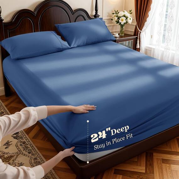 LBRO2M Bettwäsche-Set, 100 % Baumwolle, tiefe Taschen, 61 cm, Fadenzahl 1000, California-King-Size-Bett, 4-teiliges Bettlaken-Set, weich, bequem, für alle Jahreszeiten (California King, Marineblau)