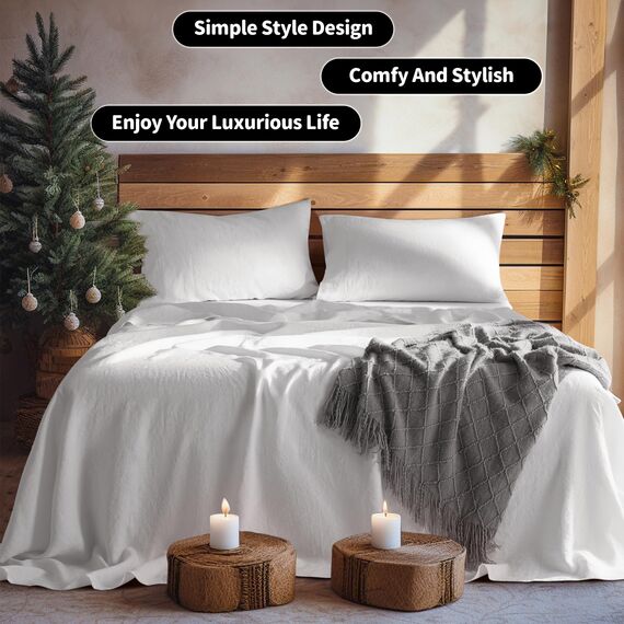 LBR02M Bettlaken-Set für Doppelbett, 3-teilig, einfarbig, natürliches Flachs, weich, atmungsaktiv, 40,6 cm tiefe Tasche, für alle Jahreszeiten (Doppelbett, Weiß)