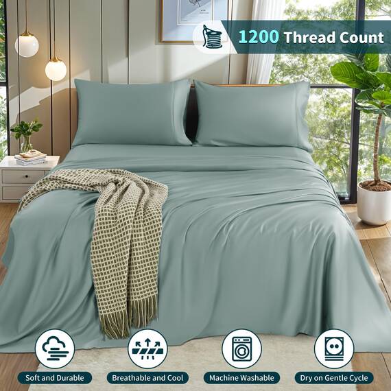 LBRO2M Bettwäsche-Set für King-Size-Bett, 100 % Baumwolle, Fadenzahl 1200, 40,6 cm tiefe Tasche, 4-teiliges Set (Kingsize, Salbeigrün)