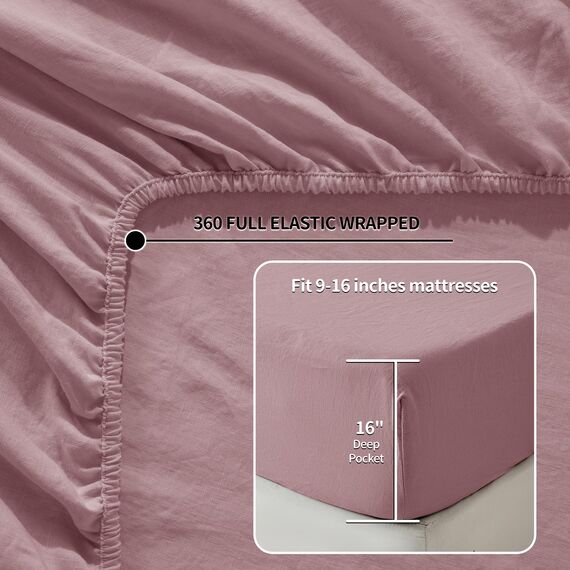 LBRO2M Bettlaken-Set aus 100 % reinem Leinen, tiefe Taschen bis 40,6 cm, natürliches Flachs, weich, atmungsaktiv, bequem für alle Jahreszeiten, 4-teiliges Bettlaken-Set, volle Größe, Stickerei