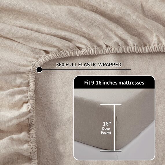 LBRO2M Bettlaken-Set, 100% Leinen, 4-teilig, einfarbig, natürliches Flachs, weich, atmungsaktiv, 40,6 cm Tiefe Tasche, für alle Jahreszeiten (Kingsize, Leinen)