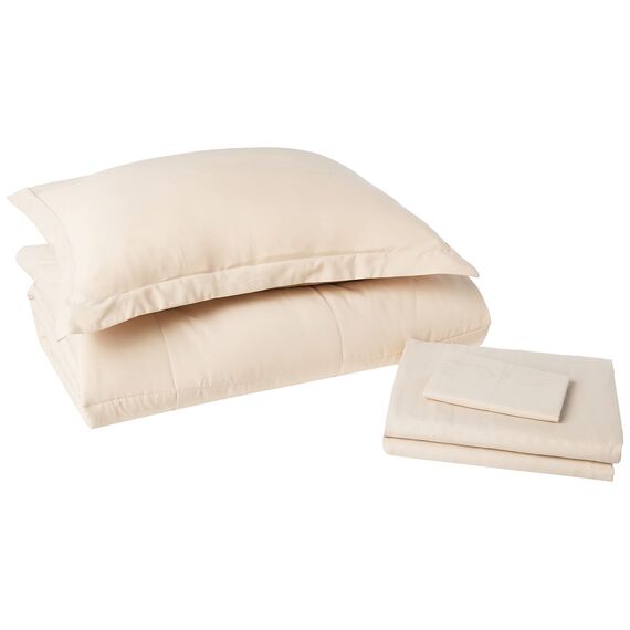 Sweet Home Collection 2 Kissenbezüge, 2 Kissenbezüge und Bettrock für alle Jahreszeiten, feine doppelt gebürstete Mikrofaser/100% Faserfüllung, Dobbybeige, Doppelbett