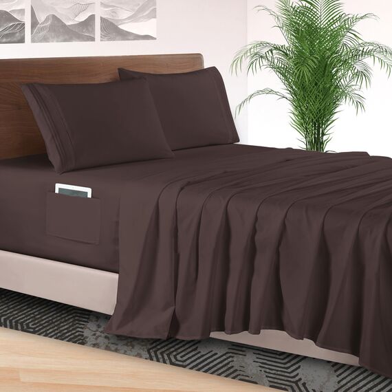 Elegant Comfort 4-teiliges Bettwäsche-Set, luxuriöse Bettwäsche aus 1500 Premium-Mikrofaser, Hotelqualität, rundum elastisch, 45,7 - 61 cm tiefes Spannbetttuch, extra tiefe Bettlaken, Kingsize, Braun