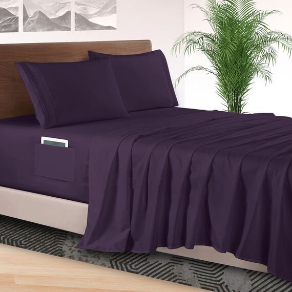 Elegant Comfort 4-teiliges Bettlaken-Set, luxuriöse Bettwäsche, 1500, hochwertige Mikrofaser, rundum elastisch, 45,7-61 cm tiefes Spannbetttuch, extra Tiefe Bettlaken, Twin/Twin XL, Pflaumenviolett