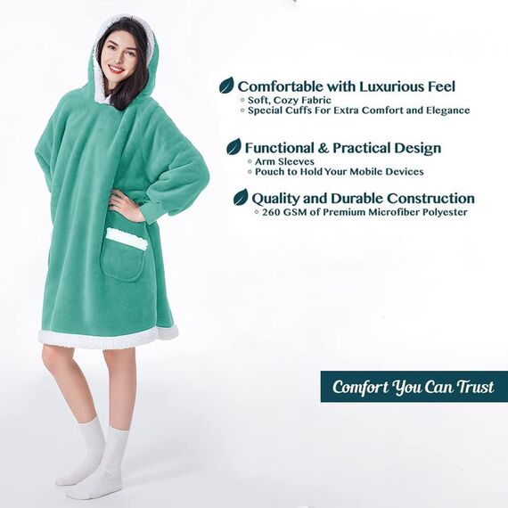 SONORO KATE Tragbare Decke, Kapuzenpullover, Geschenke für Damen, Herren, Kinder, super warme Fleece-Sherpa-Decke mit elastischen Ärmeln, großer Tasche und riesiger Kapuze (Blaugrün, Jugendliche)