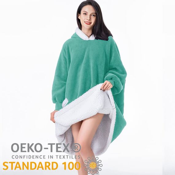 SONORO KATE Tragbare Decke, Kapuzenpullover, Geschenke für Damen, Herren, Kinder, super warme Fleece-Sherpa-Decke mit elastischen Ärmeln, großer Tasche und riesiger Kapuze (Blaugrün, Jugendliche)