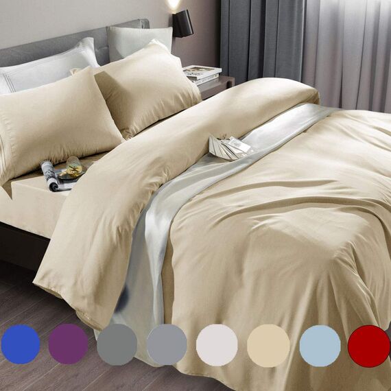 SONORO KATE Bettwäsche-Set, superweiche Mikrofaser, Fadenzahl 1800, luxuriös, ägyptische Bettlaken, passend für 45.7 - 61 cm tiefe Taschenmatratzen, 6-teiliges Set (beige, Queen)